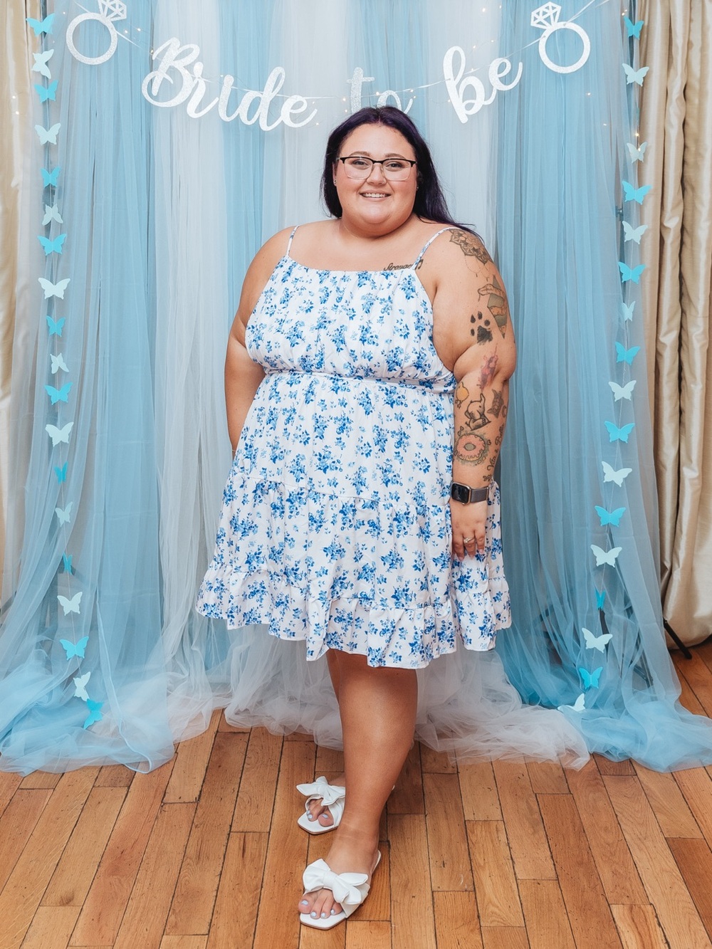 Plus-Size Blue Floral Sundress -  Ruffle Hem